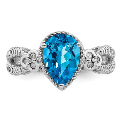 Sterling Silver Rhodium Blue Topaz & Diamond Ring (Size 7 Only)