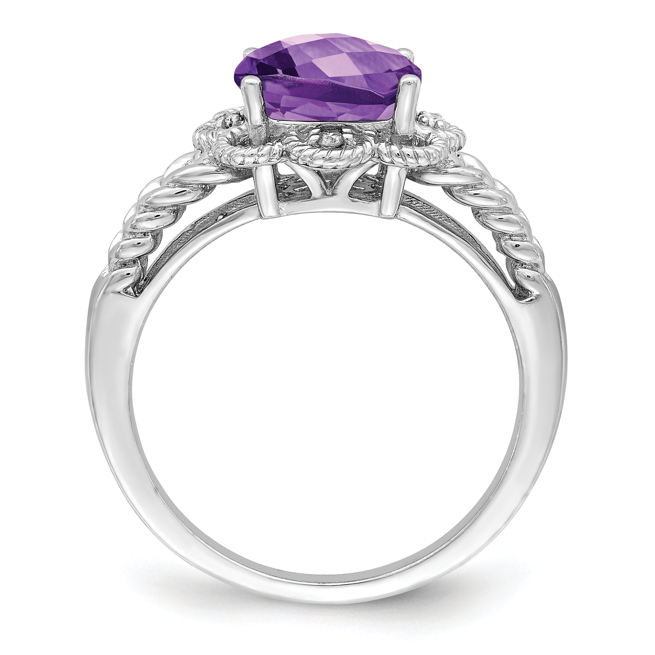 Sterling Silver Rhodium Plated Checker Cut Amethyst & Diamond Ring