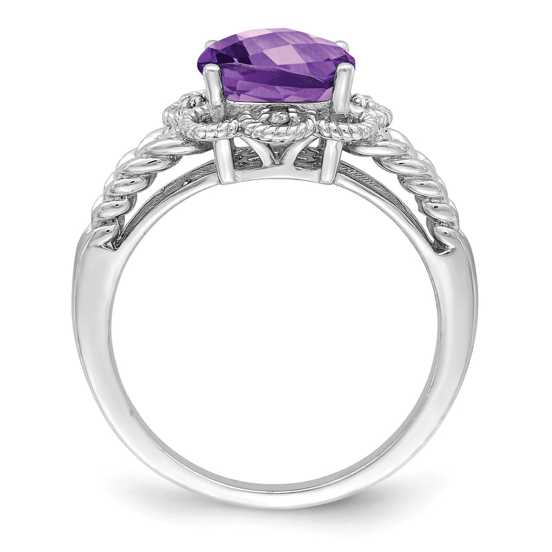 Sterling Silver Rhodium Plated Checker Cut Amethyst & Diamond Ring