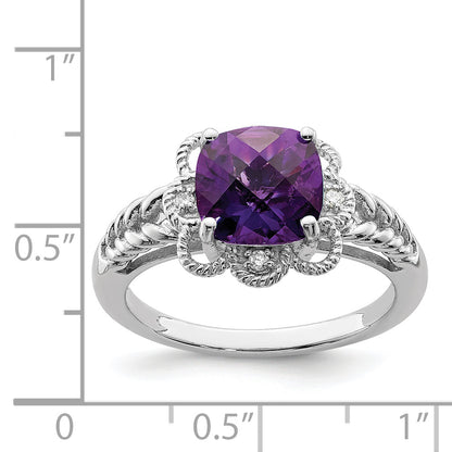 Sterling Silver Rhodium Plated Checker Cut Amethyst & Diamond Ring