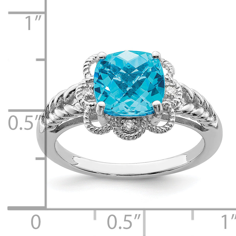 Sterling Silver Rhodium Checker Cut Blue Topaz & Diamond Ring