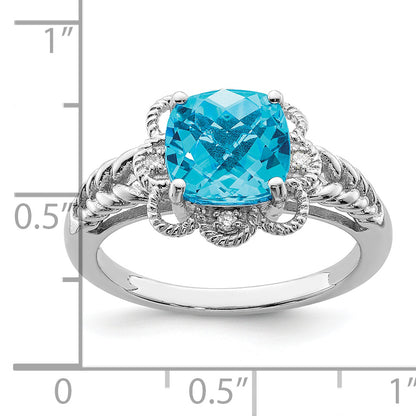Sterling Silver Rhodium Checker Cut Blue Topaz & Diamond Ring