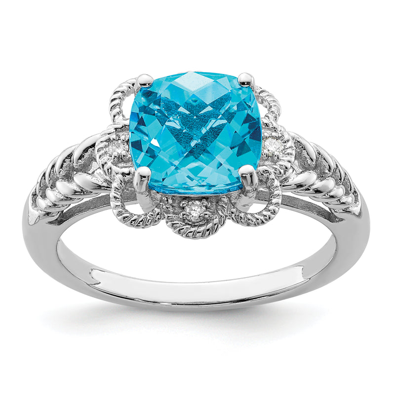 Sterling Silver Rhodium Checker Cut Blue Topaz & Diamond Ring