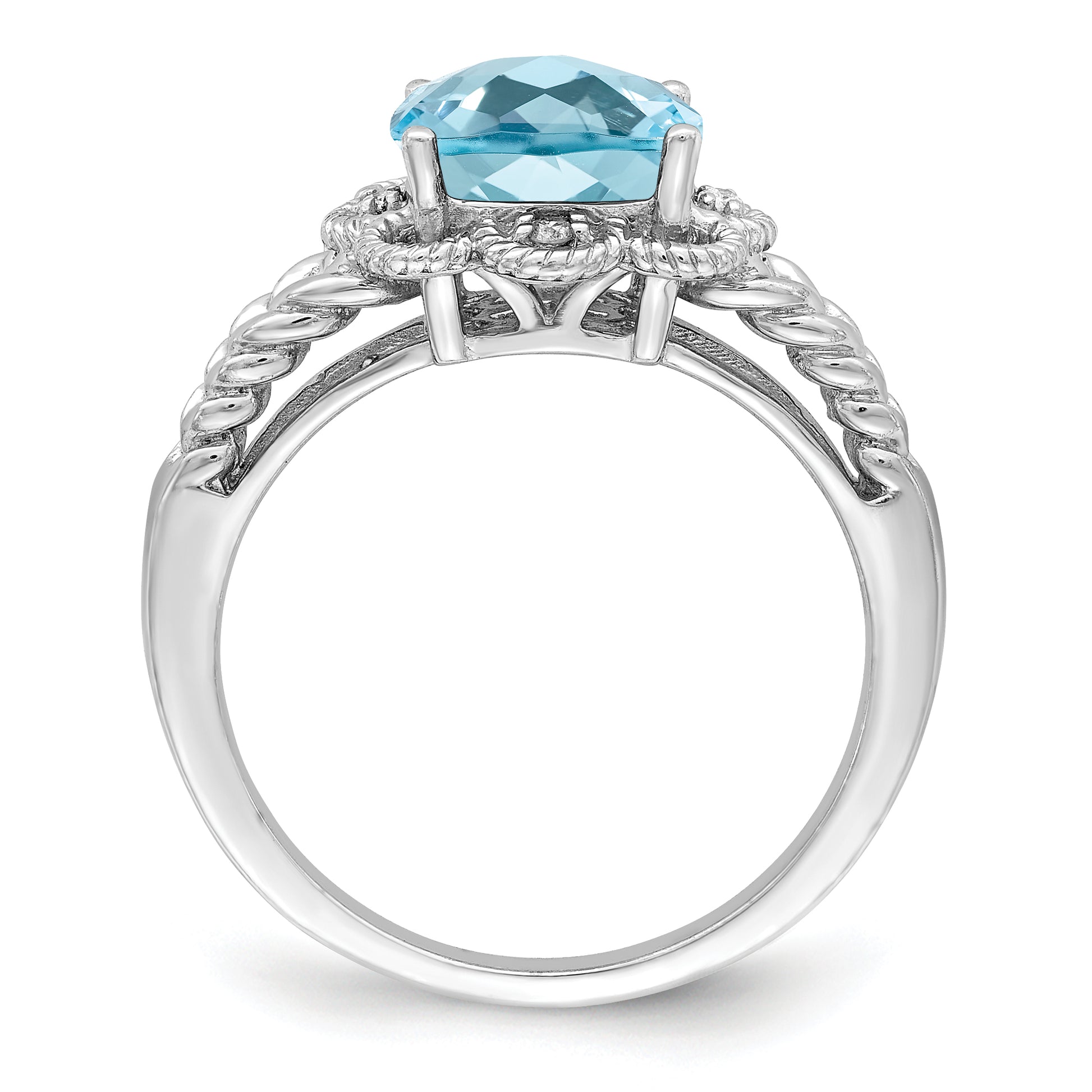 Sterling Silver Rhodium Checker Cut Sky Blue Topaz & Diamond Ring