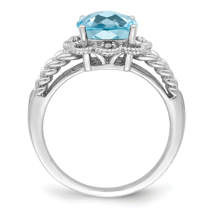 Sterling Silver Rhodium Checker Cut Sky Blue Topaz & Diamond Ring