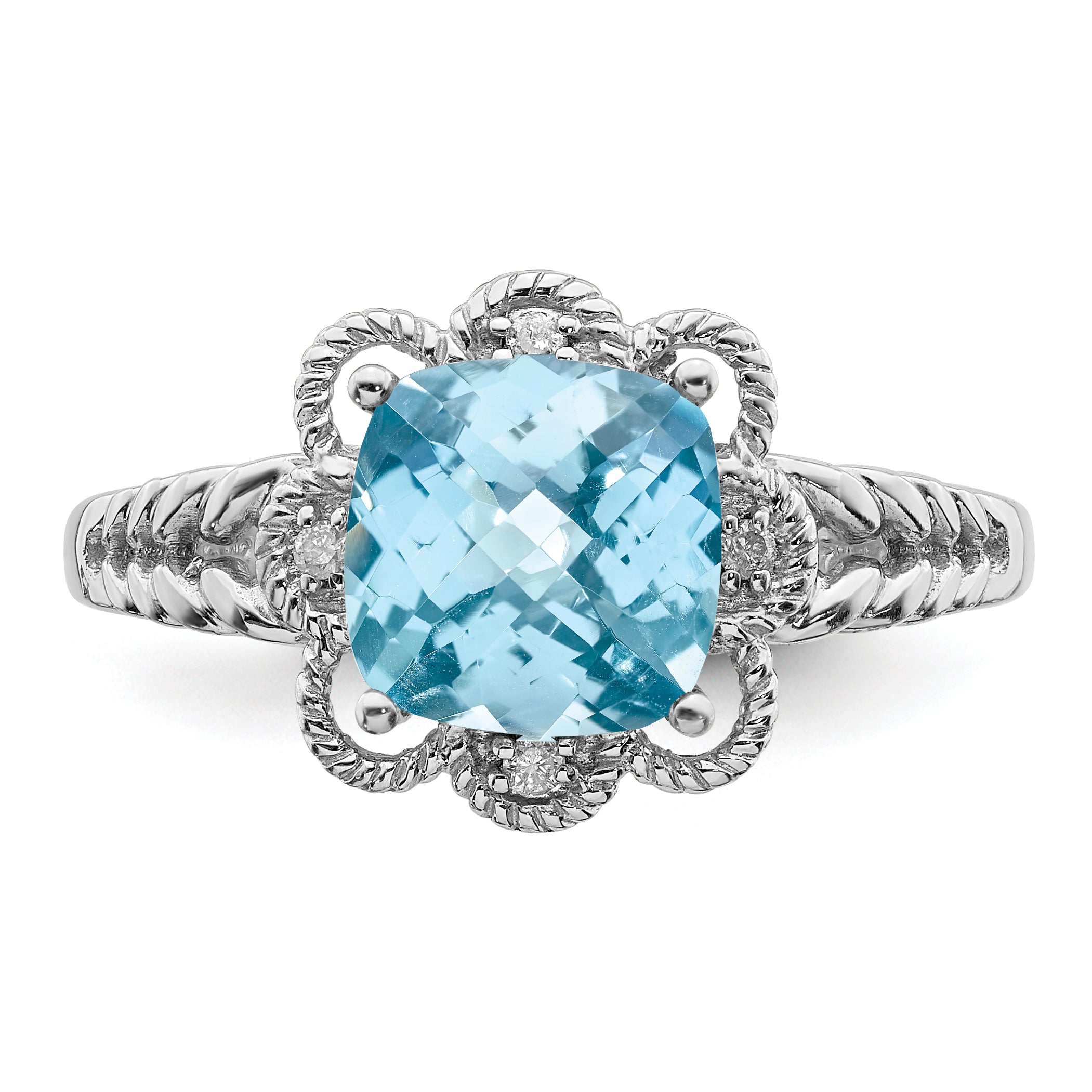 Sterling Silver Rhodium Checker Cut Sky Blue Topaz & Diamond Ring