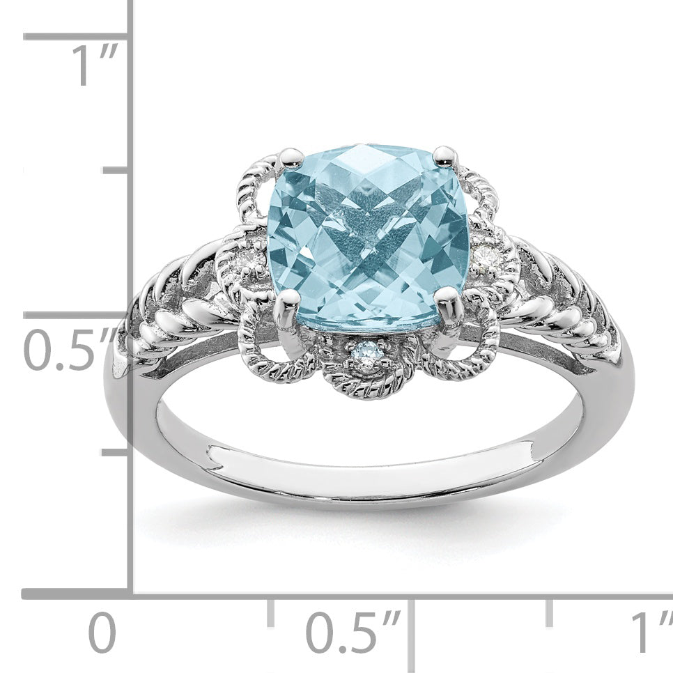 Sterling Silver Rhodium Checker Cut Sky Blue Topaz & Diamond Ring