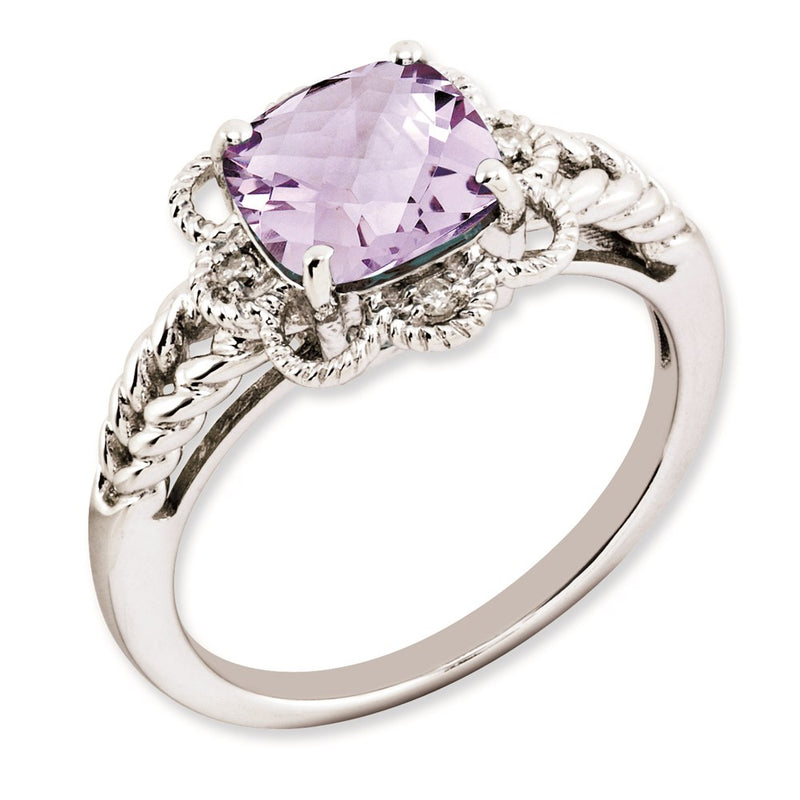 Sterling Silver Rhodium Plated Checker Cut Pink Quartz & Diamond Ring (Size 7 Only)