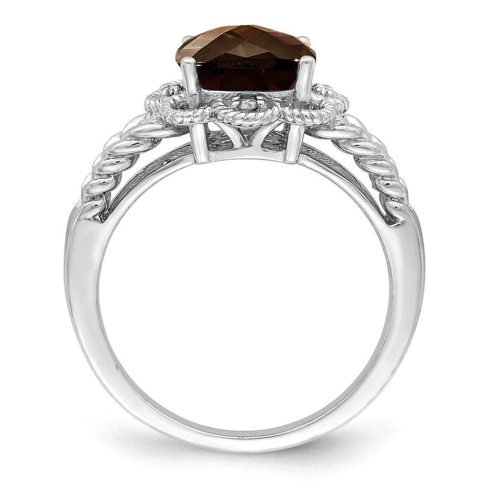 Sterling Silver Rhodium Checker Cut Smoky Quartz & Diamond Ring
