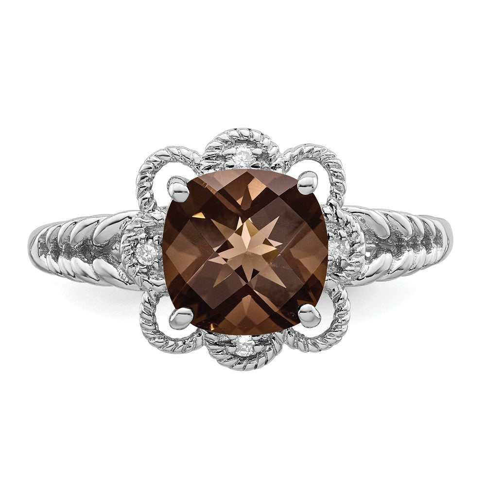Sterling Silver Rhodium Checker Cut Smoky Quartz & Diamond Ring