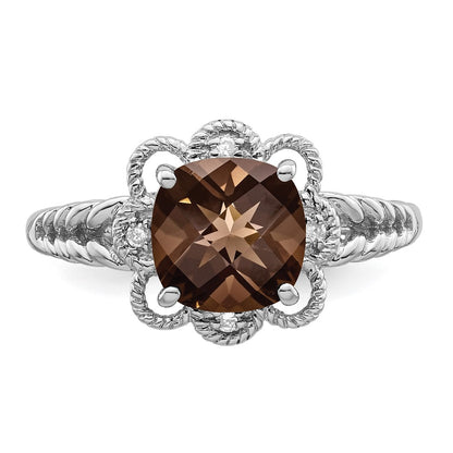 Sterling Silver Rhodium Checker Cut Smoky Quartz & Diamond Ring