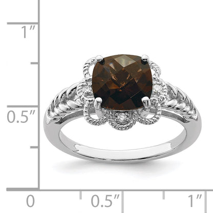 Sterling Silver Rhodium Checker Cut Smoky Quartz & Diamond Ring