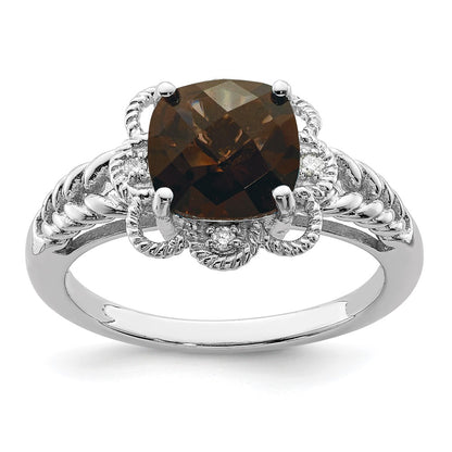 Sterling Silver Rhodium Checker Cut Smoky Quartz & Diamond Ring
