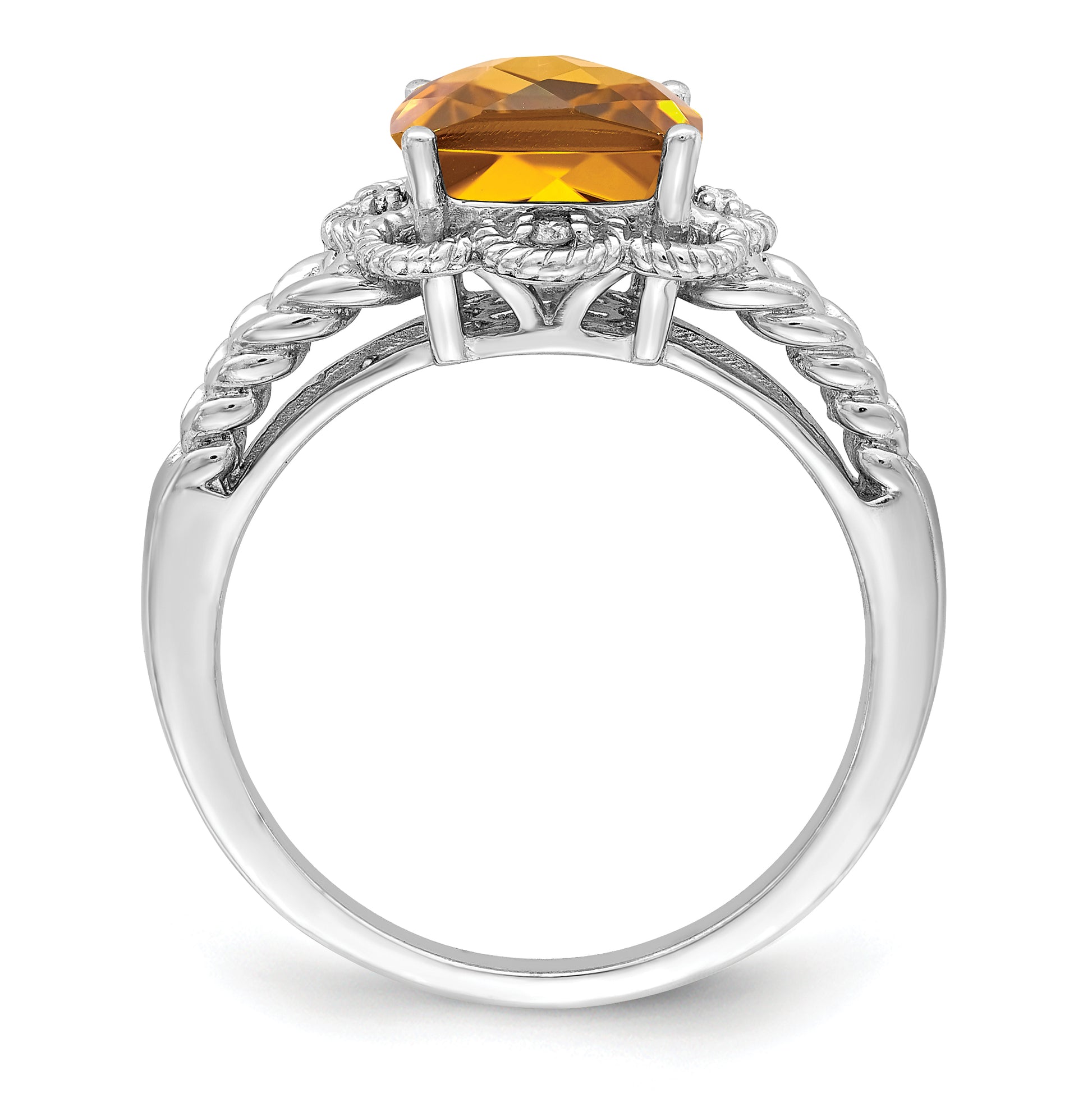 Sterling Silver Rhodium Checker Cut Whiskey Quartz & Diamond Ring
