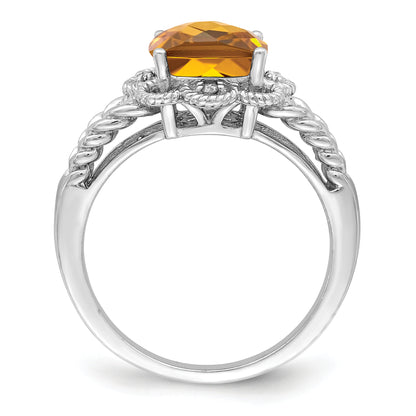 Sterling Silver Rhodium Checker Cut Whiskey Quartz & Diamond Ring