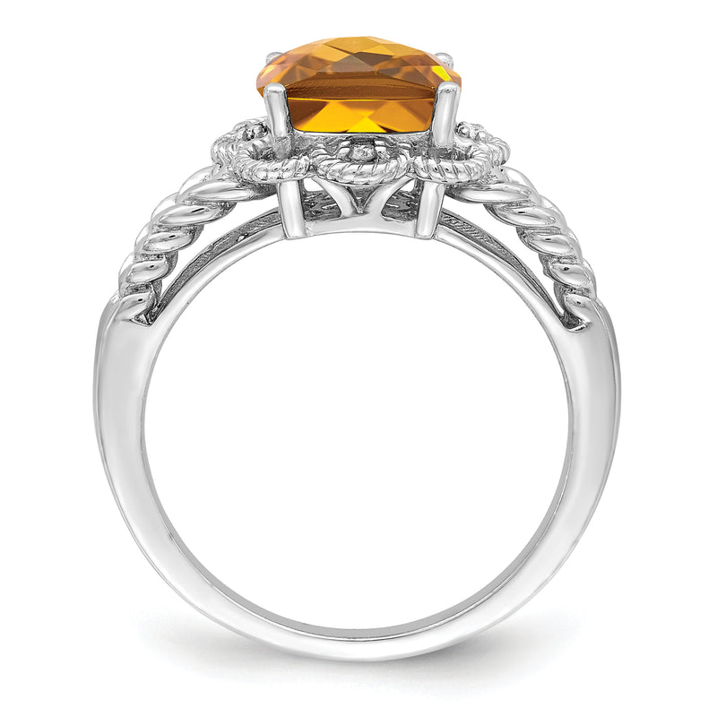 Sterling Silver Rhodium Checker Cut Whiskey Quartz & Diamond Ring