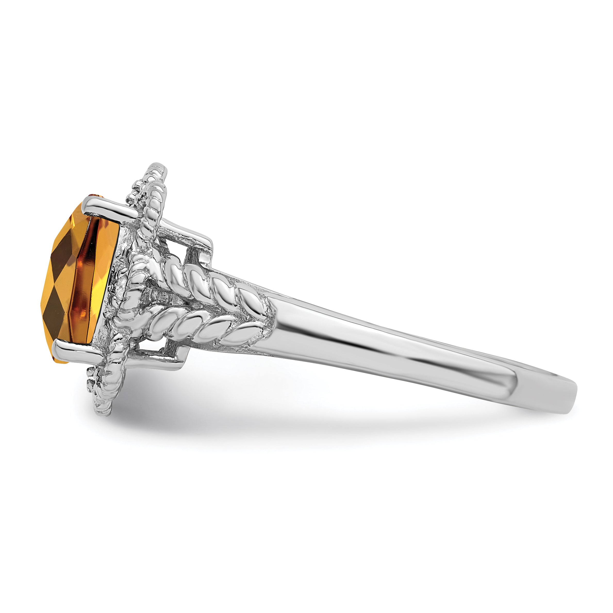 Sterling Silver Rhodium Checker Cut Whiskey Quartz & Diamond Ring
