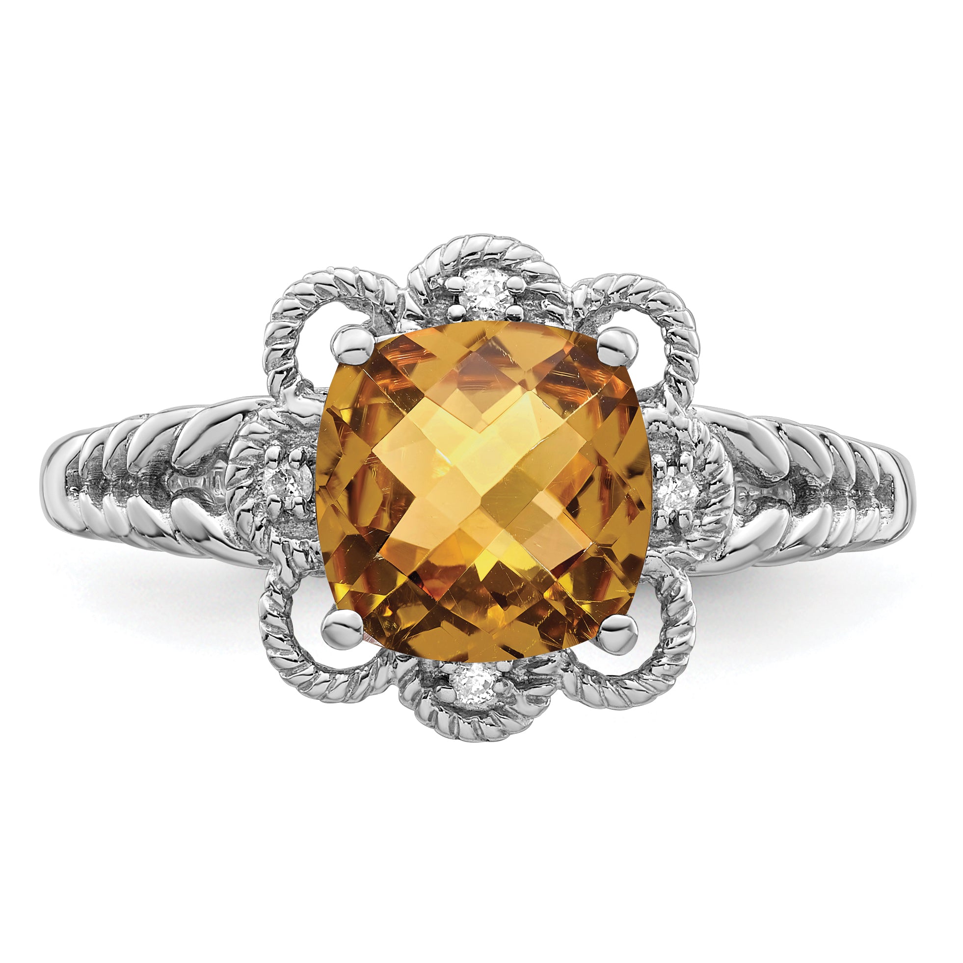 Sterling Silver Rhodium Checker Cut Whiskey Quartz & Diamond Ring
