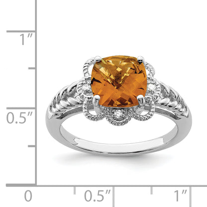 Sterling Silver Rhodium Checker Cut Whiskey Quartz & Diamond Ring