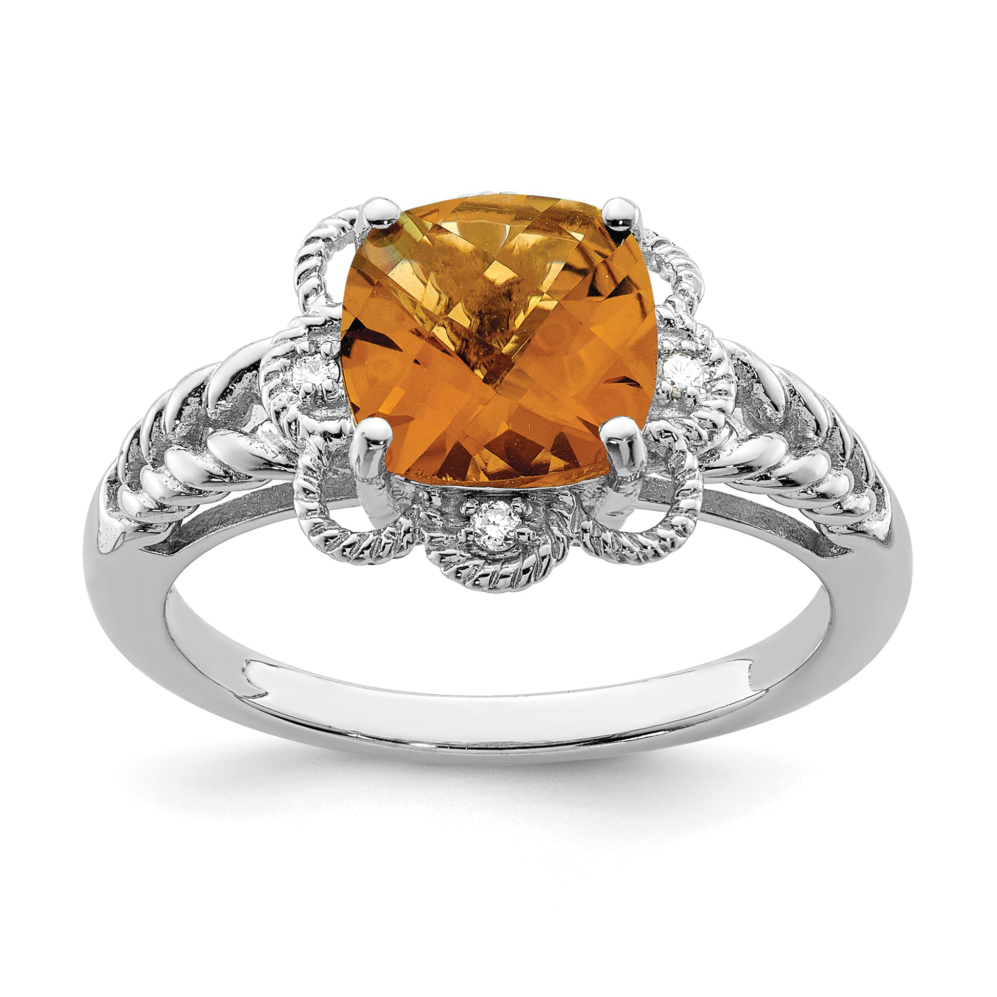 Sterling Silver Rhodium Checker Cut Whiskey Quartz & Diamond Ring