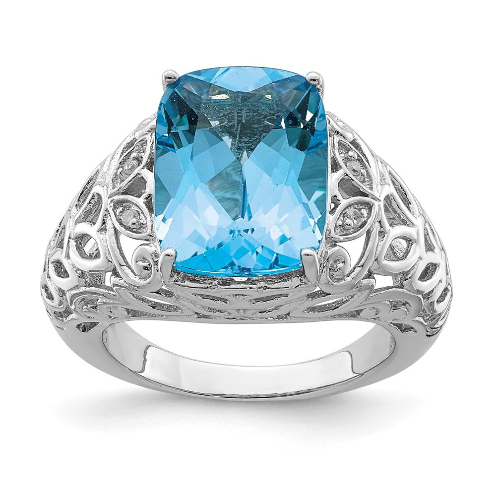 Sterling Silver Rhodium Swiss Blue Topaz & Diamond Ring (Size 7 Only)
