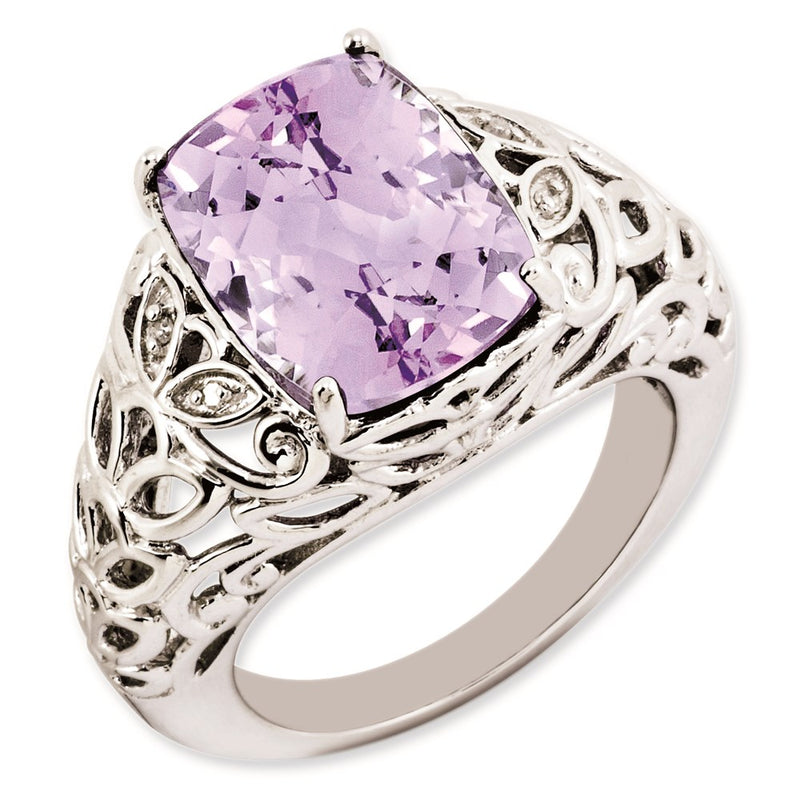 Sterling Silver Rhodium Plated Pink Quartz & Diamond Ring (Size 7 Only)