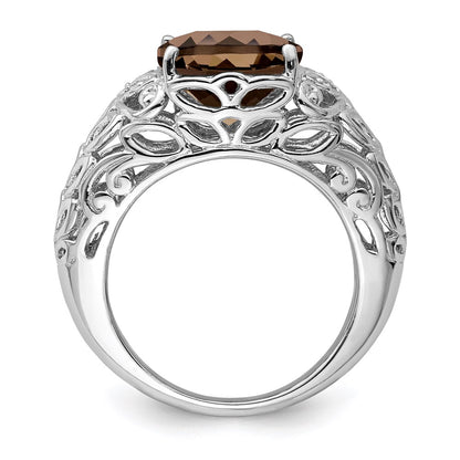 Sterling Silver Rhodium Smoky Quartz & Diamond Ring (Size 7 Only)