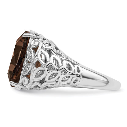 Sterling Silver Rhodium Smoky Quartz & Diamond Ring (Size 7 Only)