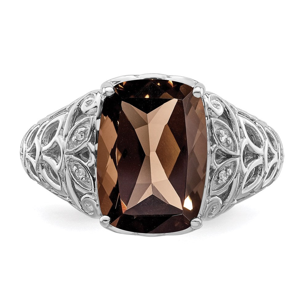 Sterling Silver Rhodium Smoky Quartz & Diamond Ring (Size 7 Only)