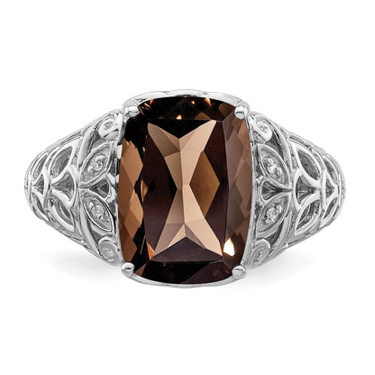 Sterling Silver Rhodium Smoky Quartz & Diamond Ring (Size 7 Only)