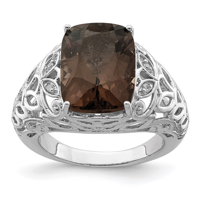 Sterling Silver Rhodium Smoky Quartz & Diamond Ring (Size 7 Only)