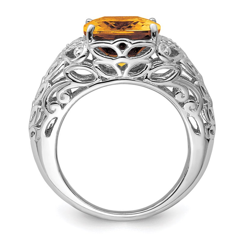 Sterling Silver Rhodium Whiskey Quartz & Diamond Ring (Size 7 Only)