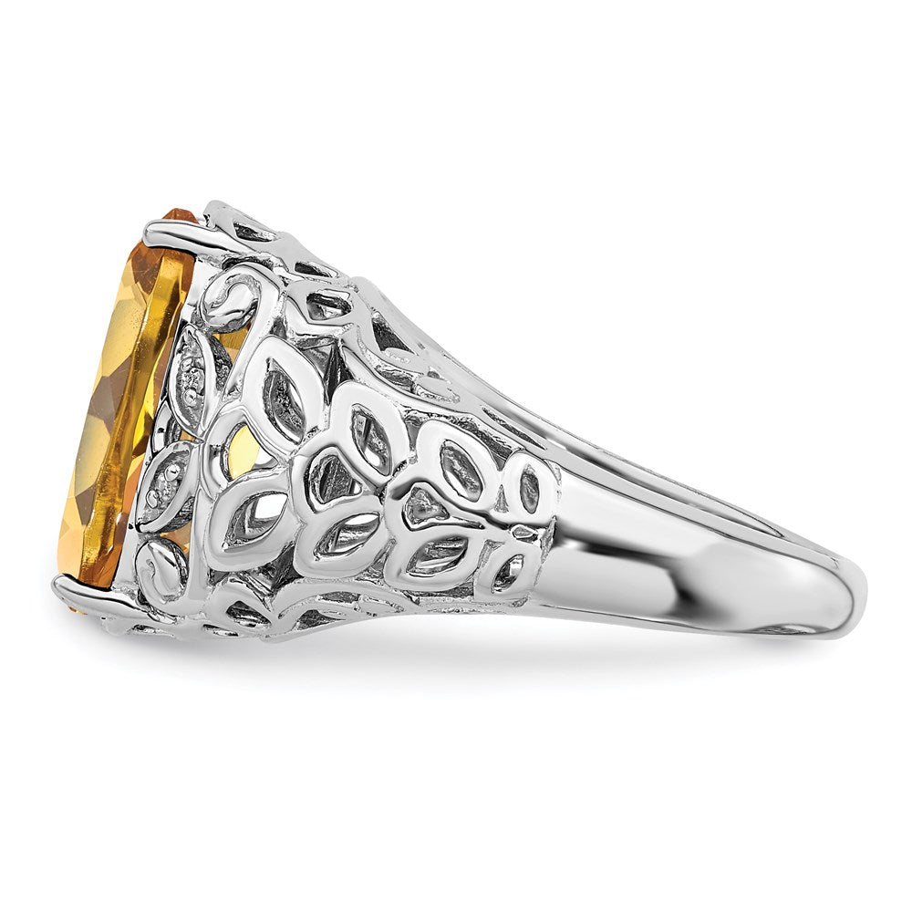 Sterling Silver Rhodium Whiskey Quartz & Diamond Ring (Size 7 Only)