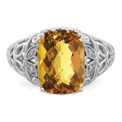 Sterling Silver Rhodium Whiskey Quartz & Diamond Ring (Size 7 Only)