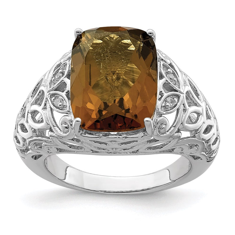 Sterling Silver Rhodium Whiskey Quartz & Diamond Ring (Size 7 Only)