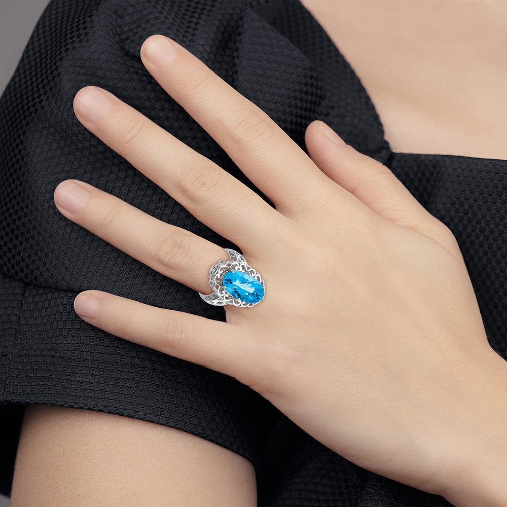 Sterling Silver Rhodium Oval Blue Topaz Ring (Size 7 Only)