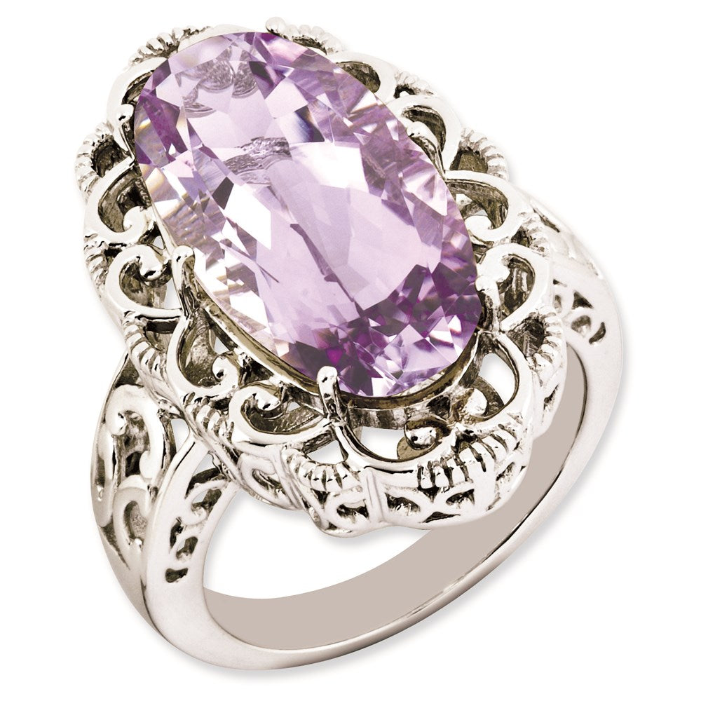 Sterling Silver Rhodium Plated Oval Pink Quartz Ring (Size 7 Only)