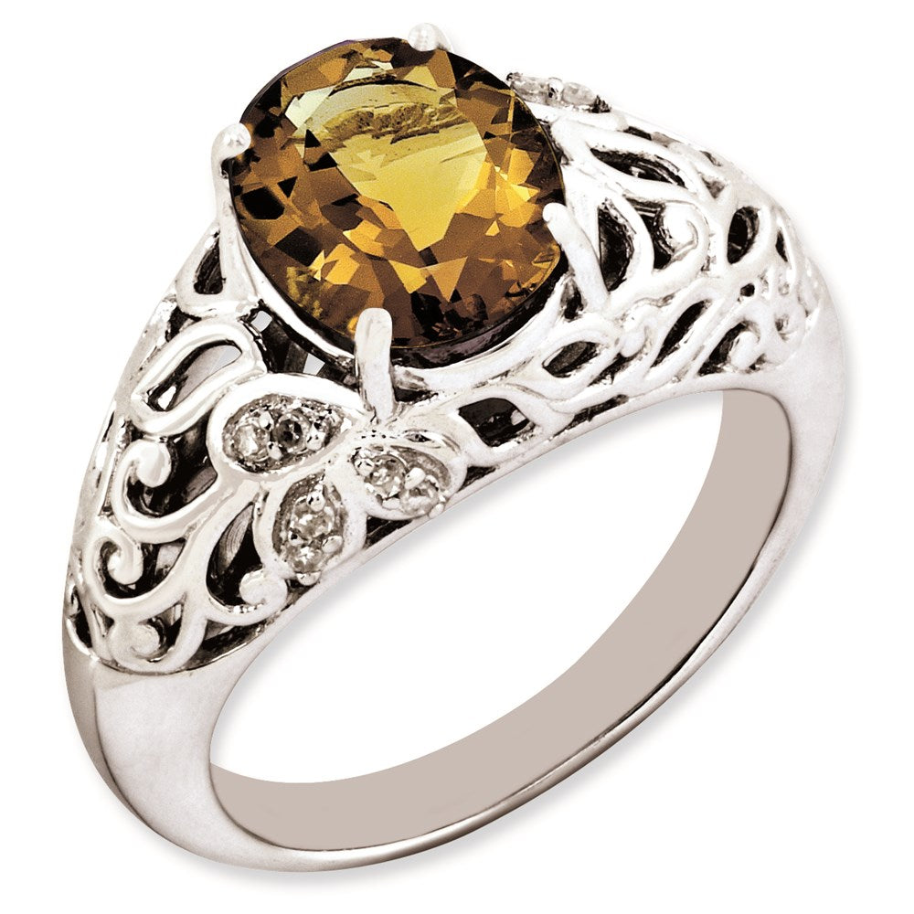 Sterling Silver Rhodium Plated Oval Whiskey Quartz & Diamond Ring (Size 7 Only)