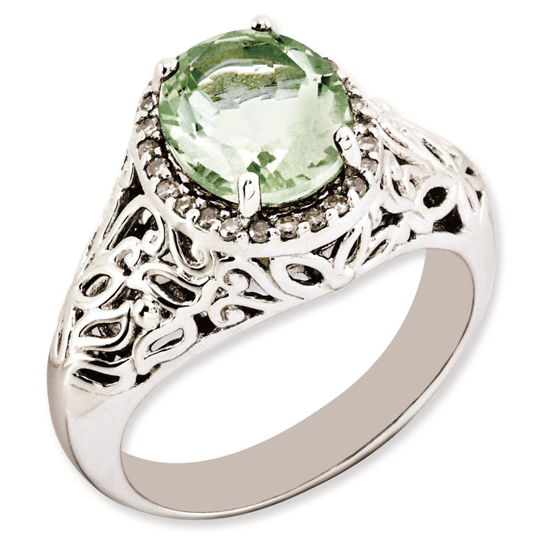 Sterling Silver Rhodium Plated Oval Green Quartz & Diamond Ring (Size 7 Only)