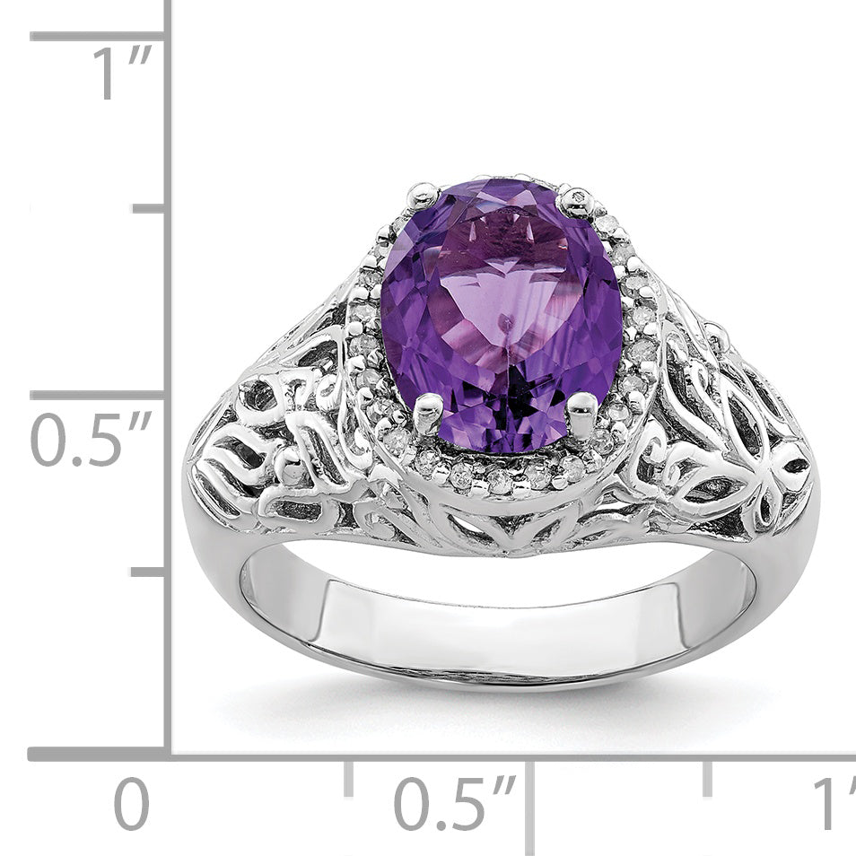 Sterling Silver Rhodium Plated Oval Amethyst & Diamond Ring (Size 7 Only)