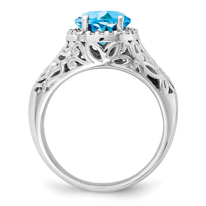 Sterling Silver Rhodium Oval Swiss Blue Topaz & Diamond Ring (Size 7 Only)