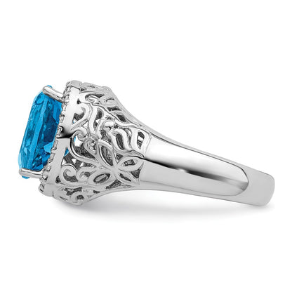 Sterling Silver Rhodium Oval Swiss Blue Topaz & Diamond Ring (Size 7 Only)