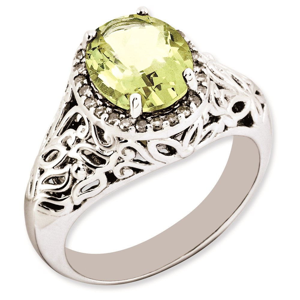 Sterling Silver Rhodium Plated Oval Lemon Quartz & Diamond Ring (Size 7 Only)