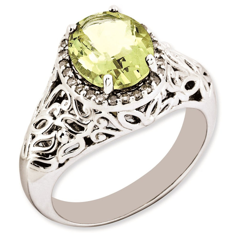 Sterling Silver Rhodium Plated Oval Lemon Quartz & Diamond Ring (Size 7 Only)