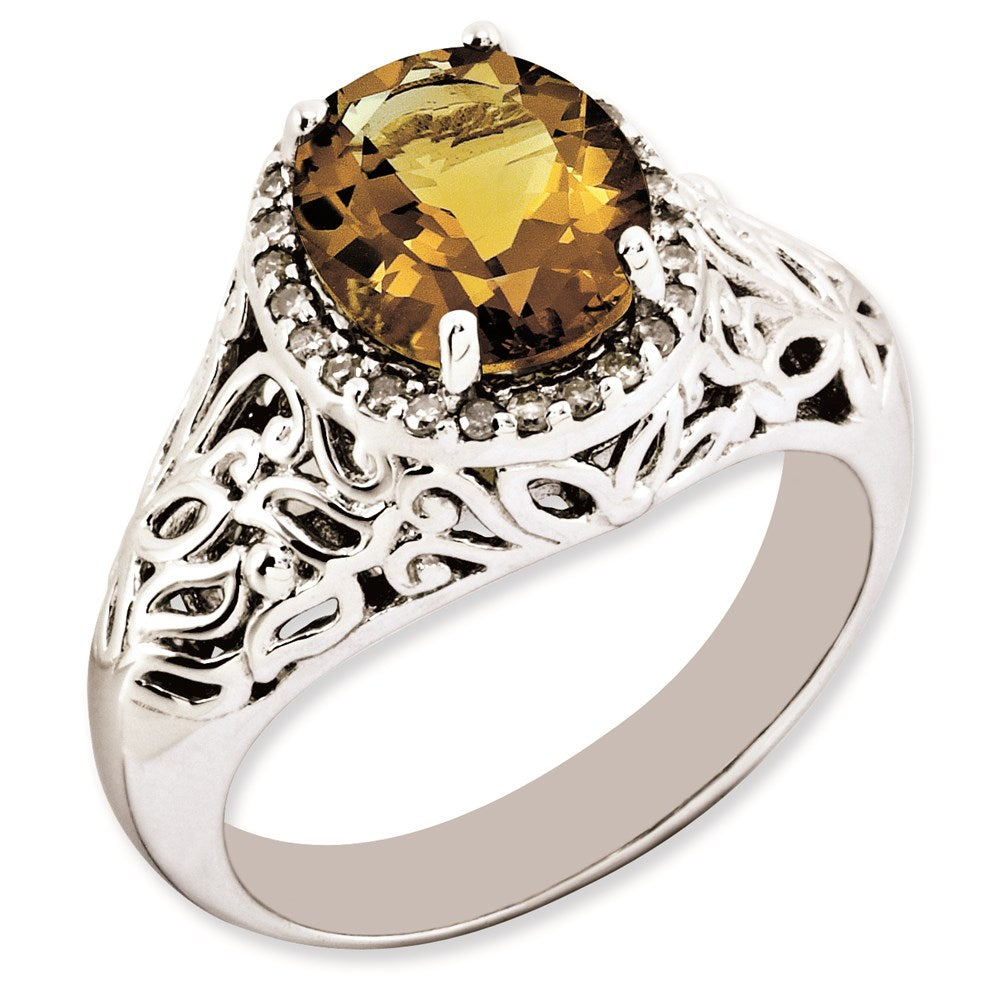 Sterling Silver Rhodium Plated Oval Whiskey Quartz & Diamond Ring (Size 7 Only)