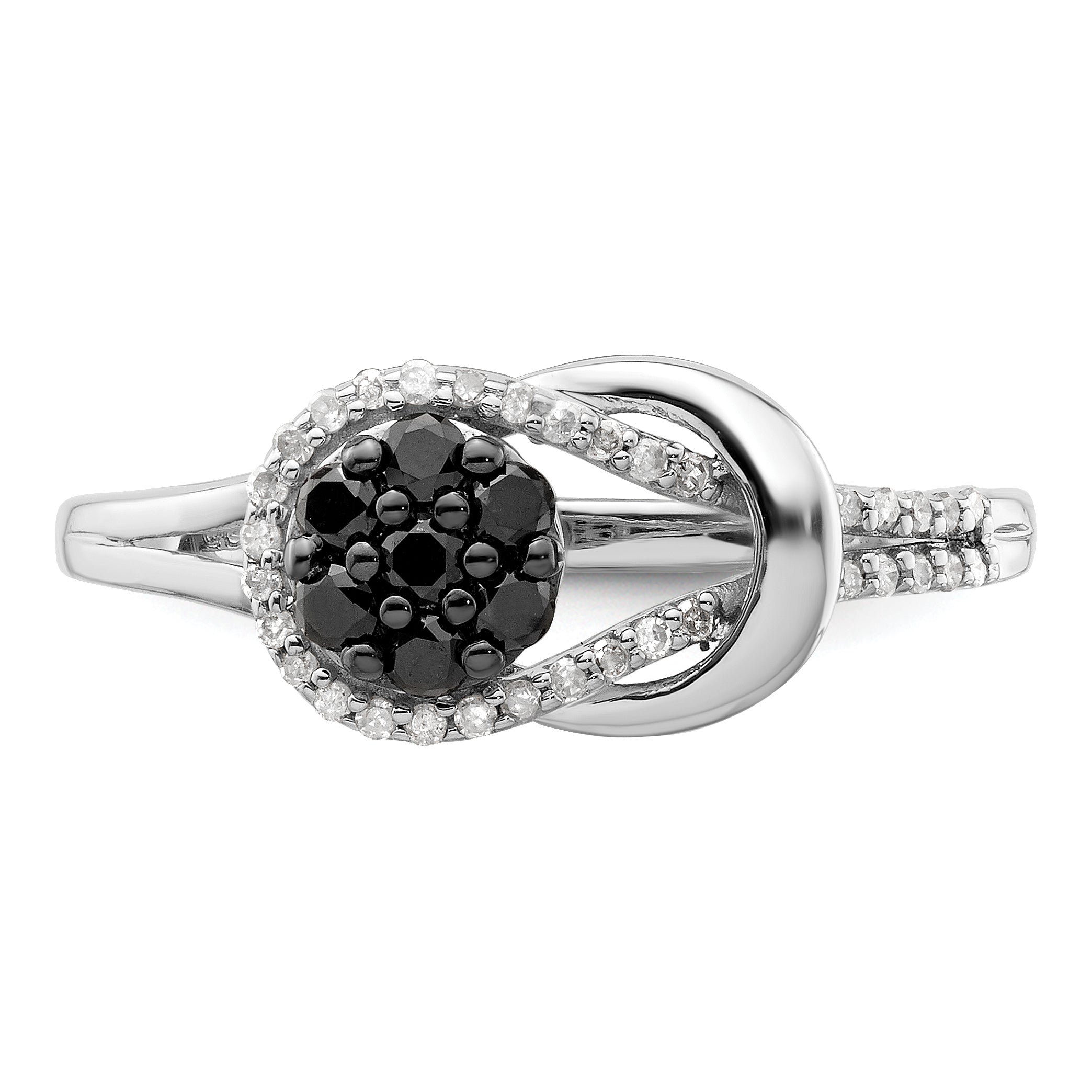 Sterling Silver White Night Rhodium Plated Black And Diamond Love Knot Ring (Size 8 Only)