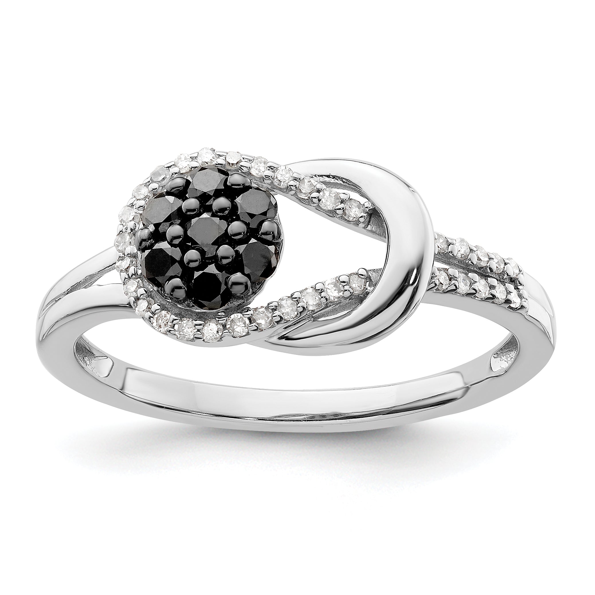 Sterling Silver White Night Rhodium Plated Black And Diamond Love Knot Ring (Size 8 Only)