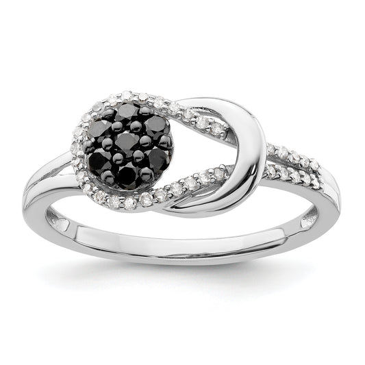 Sterling Silver White Night Rhodium Plated Black And Diamond Love Knot Ring (Size 8 Only)