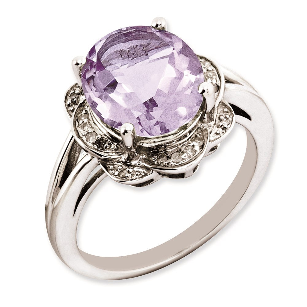 Sterling Silver Rhodium Plated Oval Pink Quartz & Diamond Ring (Size 7 Only)