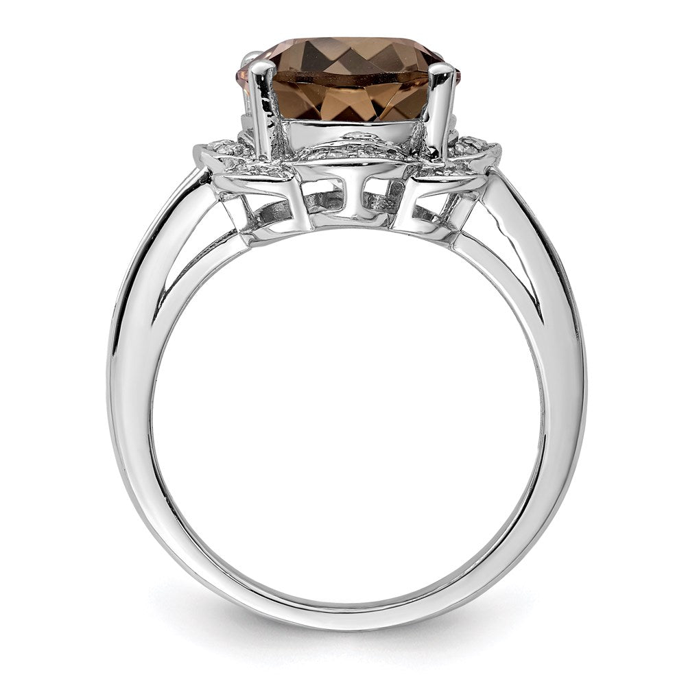 Sterling Silver Rhodium Oval Smoky Quartz & Diamond Ring (Size 7 Only)